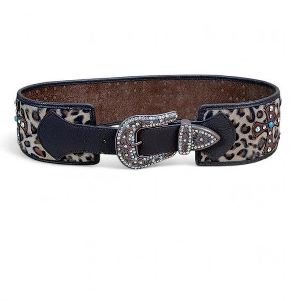 Kamberley Y2K Leopard print wide belt with rhinestone cross and buckle